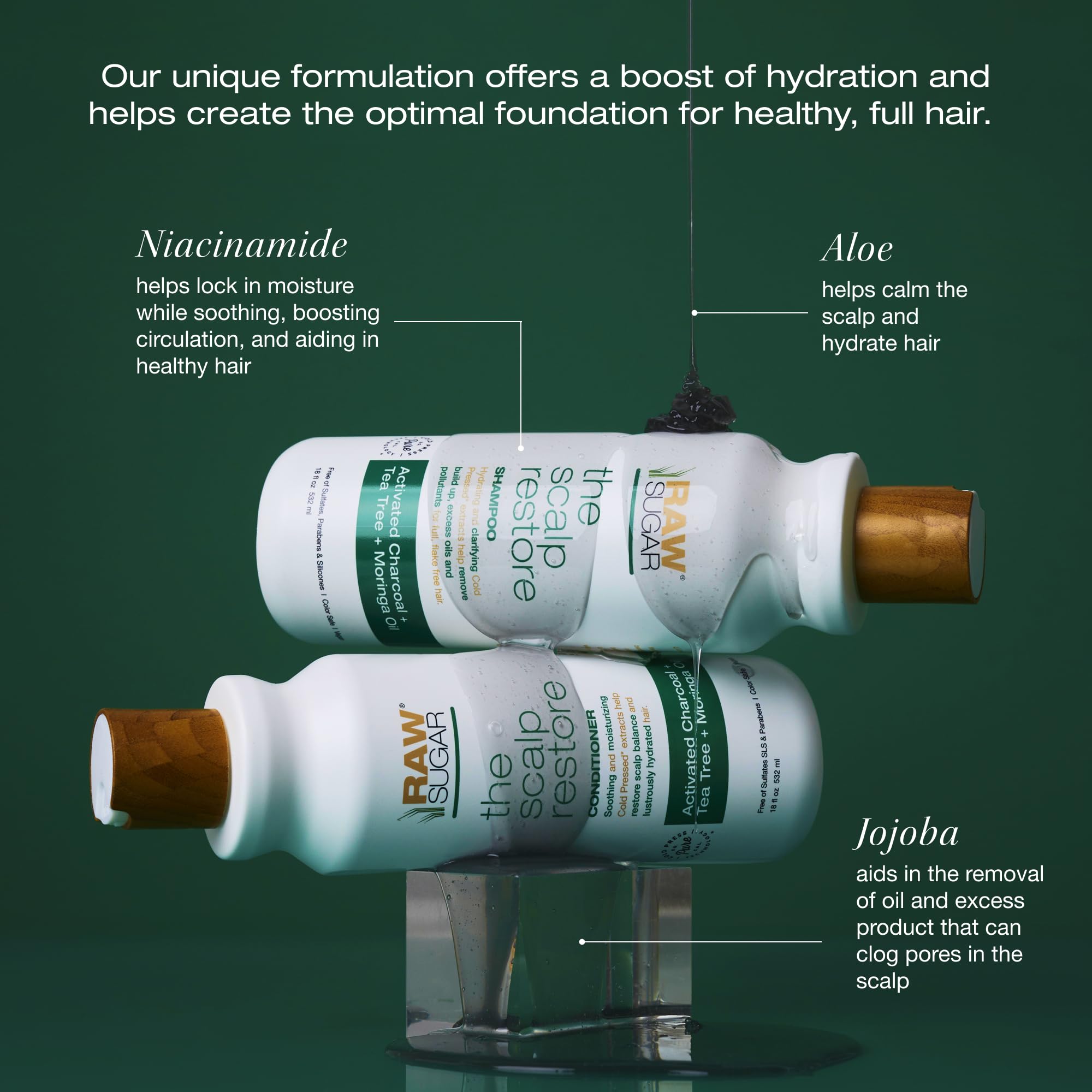 Raw Sugar Jojoba oil ingredient visual highlights deep moisture for scalp care.