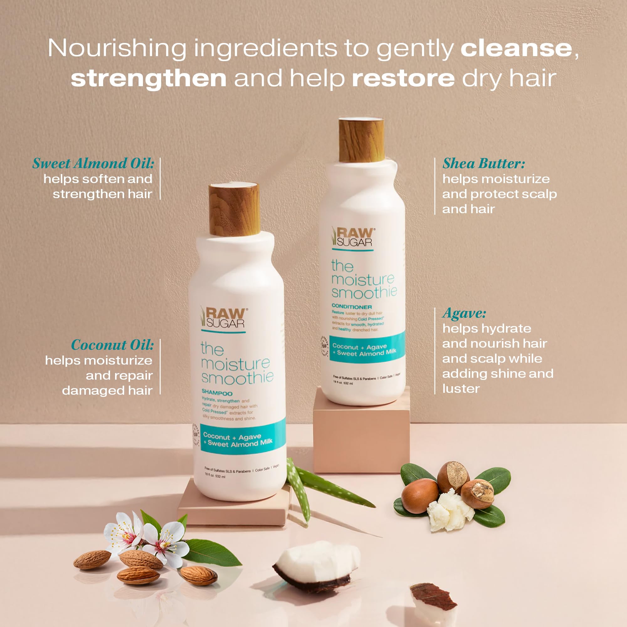 RAW SUGAR Moisture Smoothie ingredients coconut oil highlight nourishing hair without sulfates.