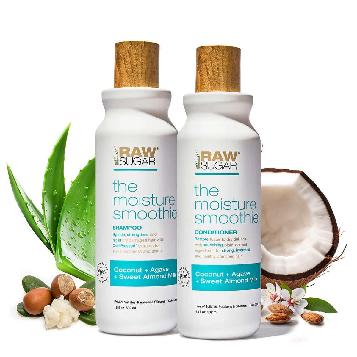 RAW SUGAR Moisture Smoothie shampoo bottle shows hydrating formula for dry, frizz-prone hair.