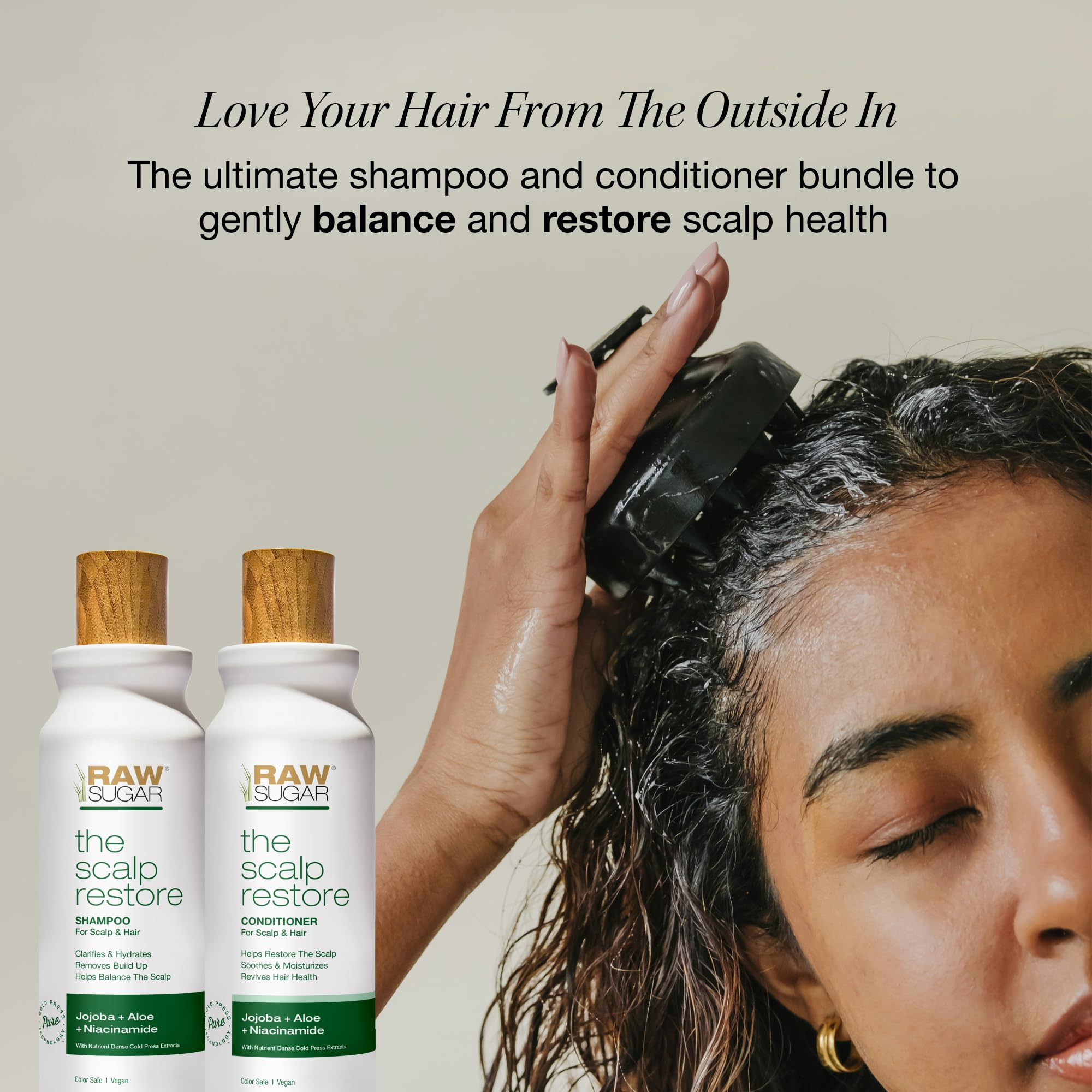 Raw Sugar Scalp Restore Conditioner bottle hydrated, detangled hair and healthy scalp appearance.
