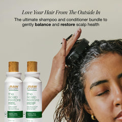 Raw Sugar Scalp Restore Conditioner bottle hydrated, detangled hair and healthy scalp appearance.