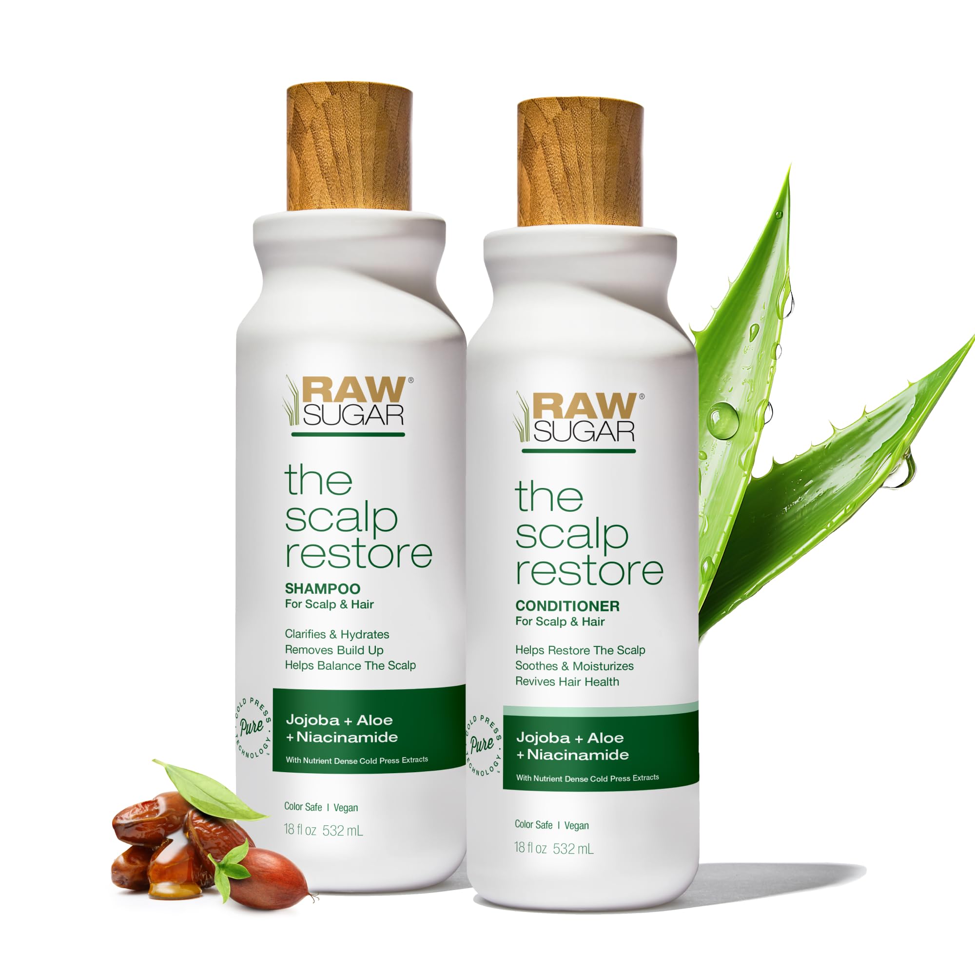 Raw Sugar Scalp Restore Shampoo bottle shown for cleansing and balanced scalp support.