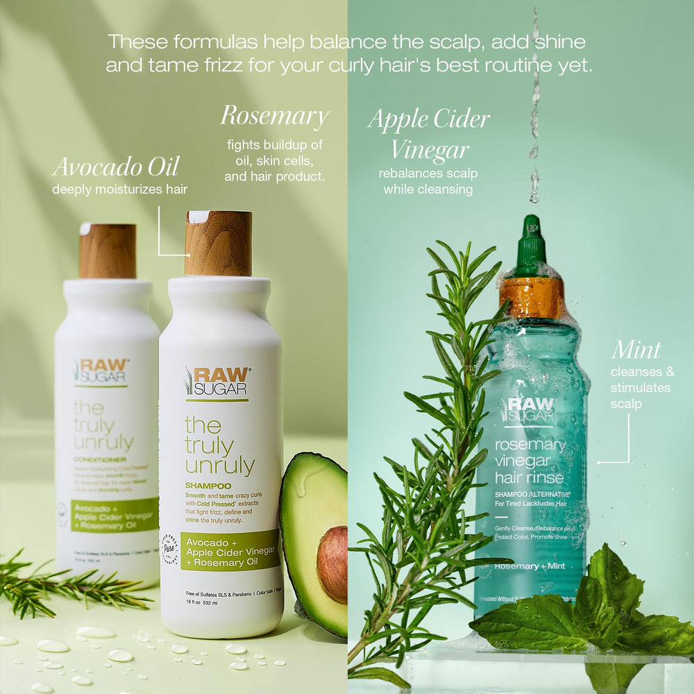Raw Sugar Truly Unruly Conditioner bottle highlights defining curls and frizz-fighting hydration.