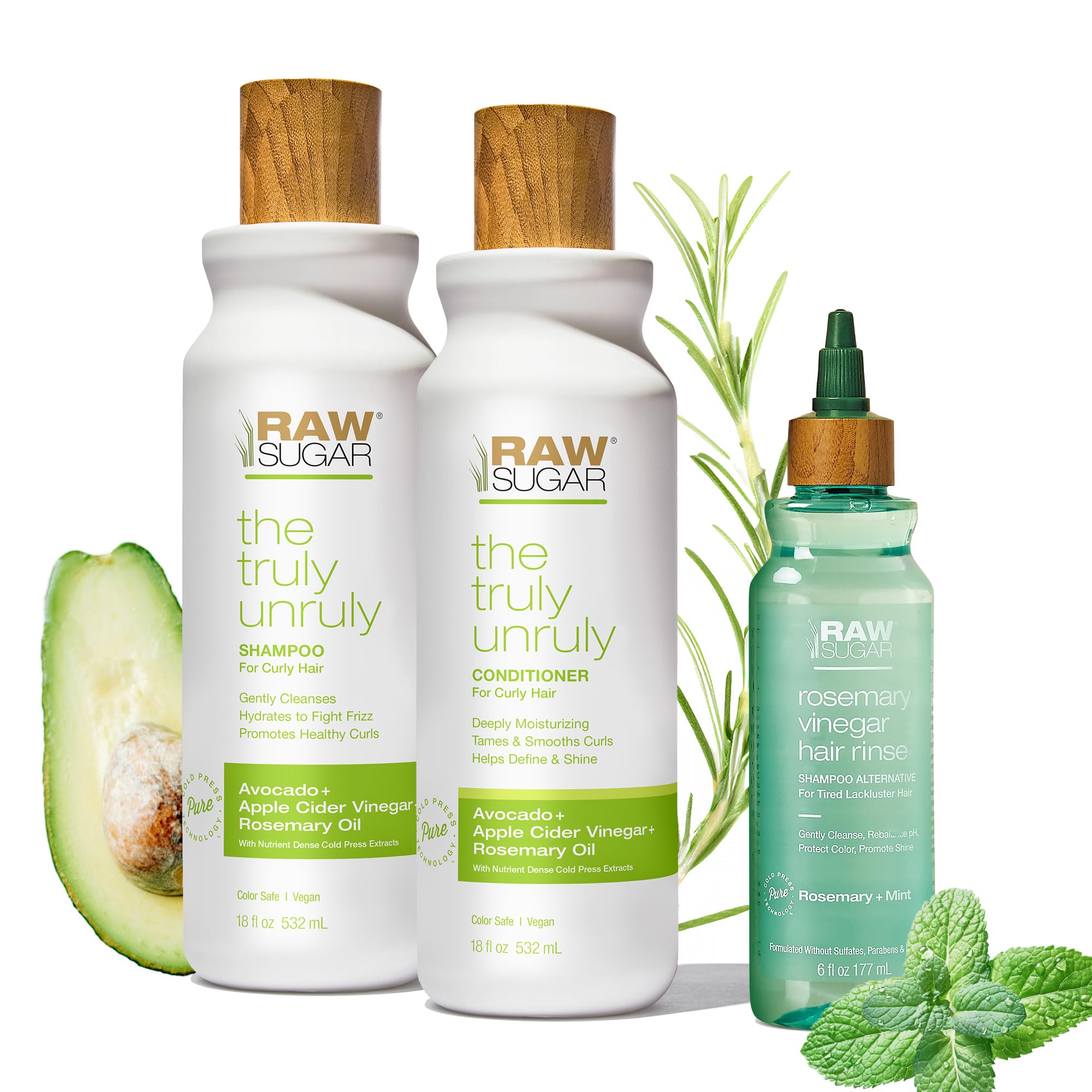 Raw Sugar Truly Unruly Shampoo bottle pour for gentle cleansing and frizz control.