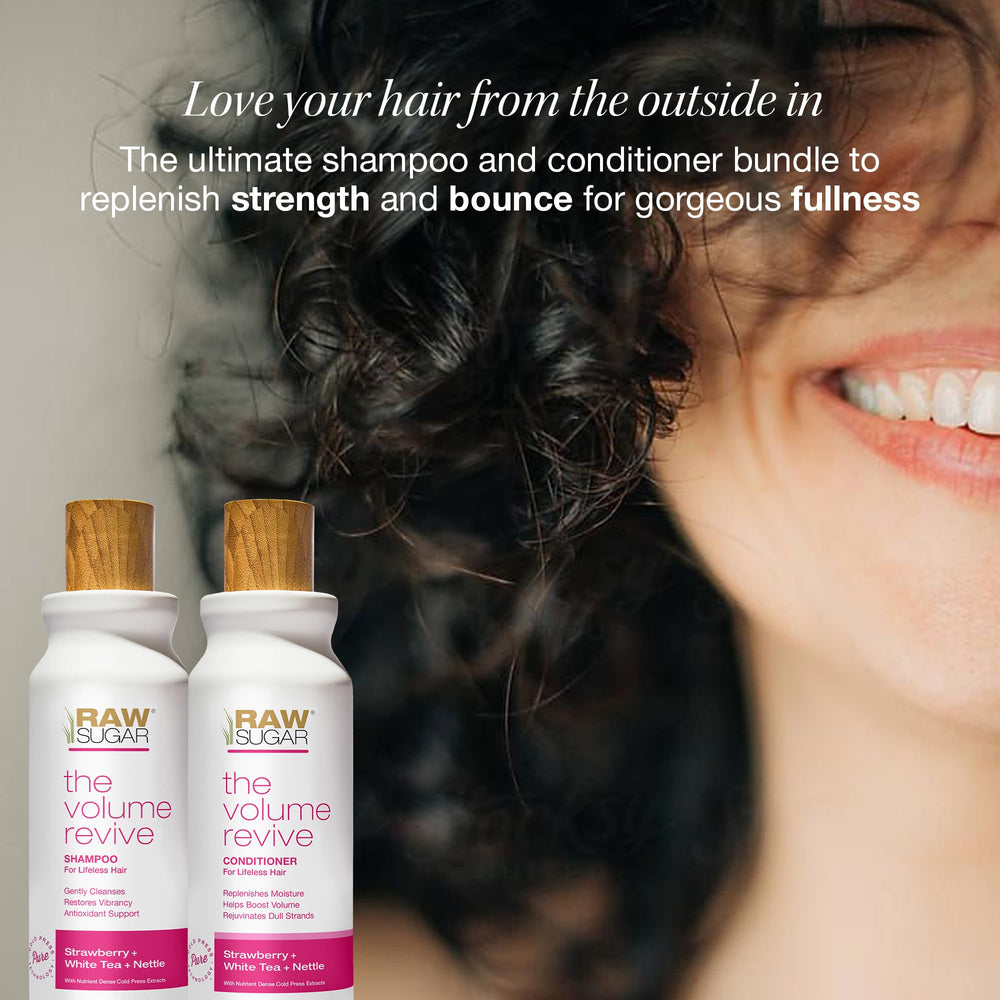 RAW SUGAR Volume Revive Conditioner Bottle smooths and hydrates without weighing hair down.