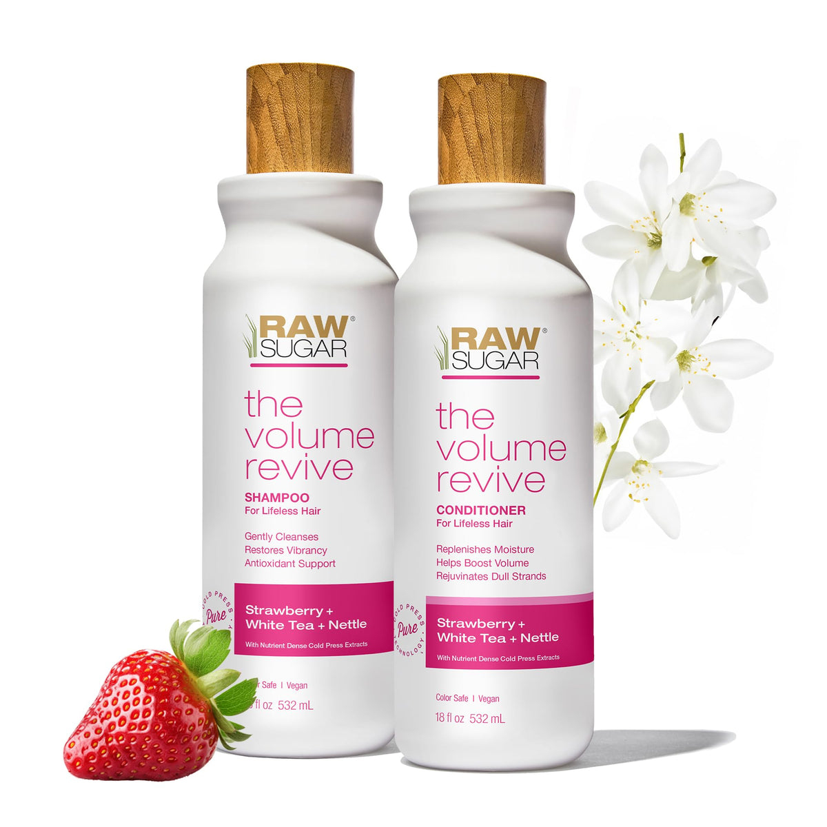 RAW SUGAR Volume Revive Shampoo Bottle delivers volumizing cleanse for fuller-looking hair.