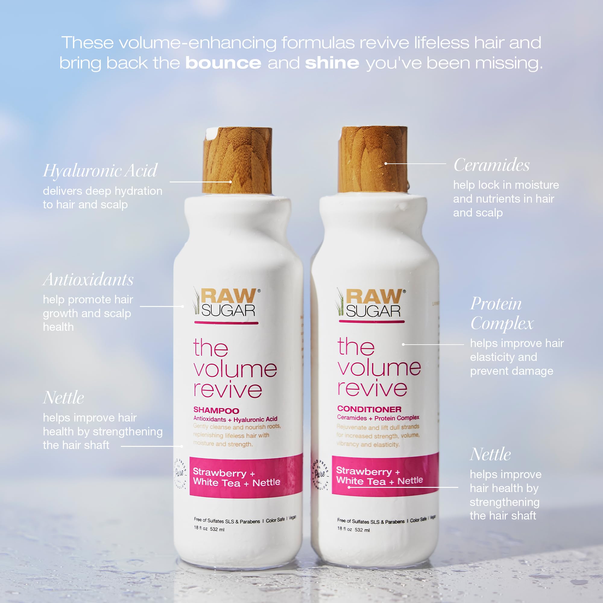 RAW SUGAR Volume Revive Shampoo Lather Closeup highlights gentle cleansing and elasticity.