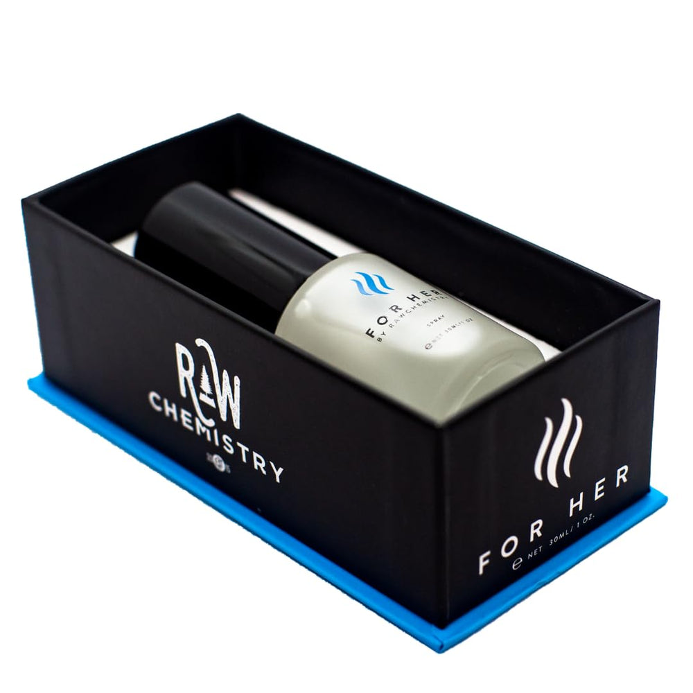 RawChemistry For Her logo closeup reinforces brand trust and style.