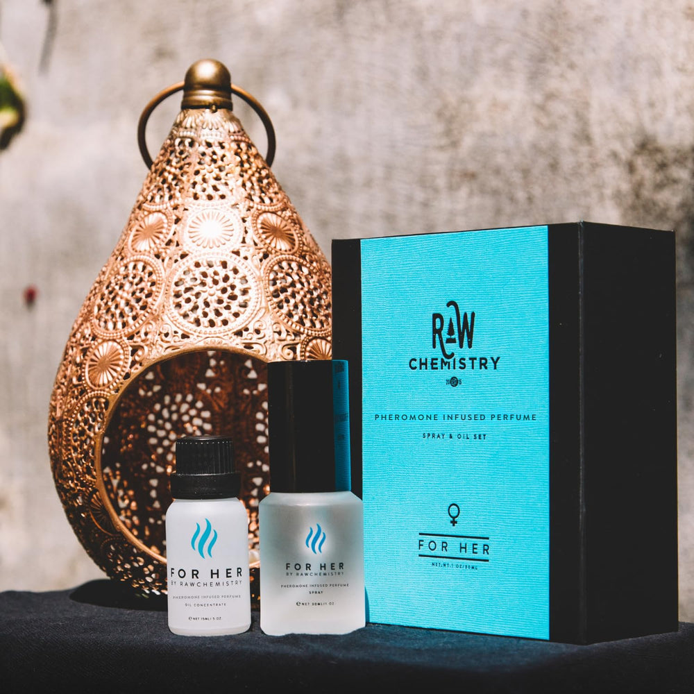 RawChemistry For Her natural formula icons illustrate alcohol-free, skin friendly composition.