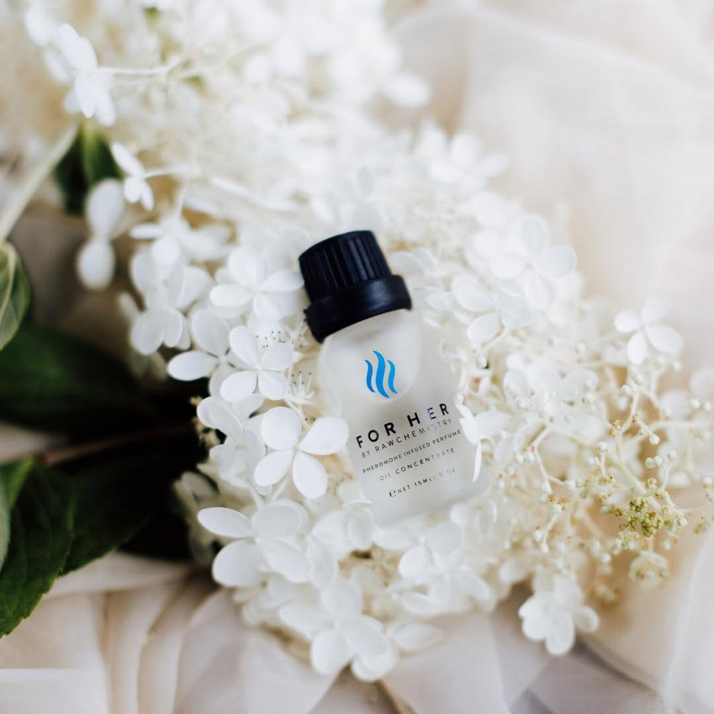 RawChemistry for Her night wear ambience close-up with luxe packaging and subtle pheromone-infused allure.