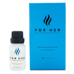 RawChemistry for Her pheromone-infused perfume oil bottle close-up highlighting concentrated formula for everyday allure.
