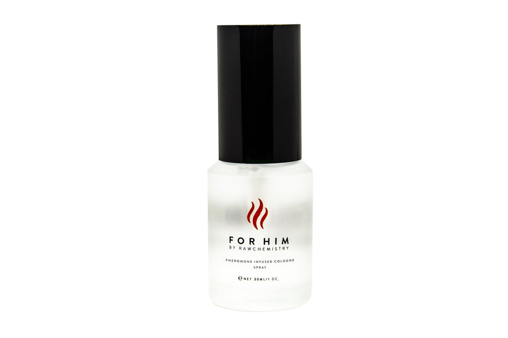 RawChemistry For Him spray bottle highlights alcohol-free, oil-based design for skin-friendly wear.