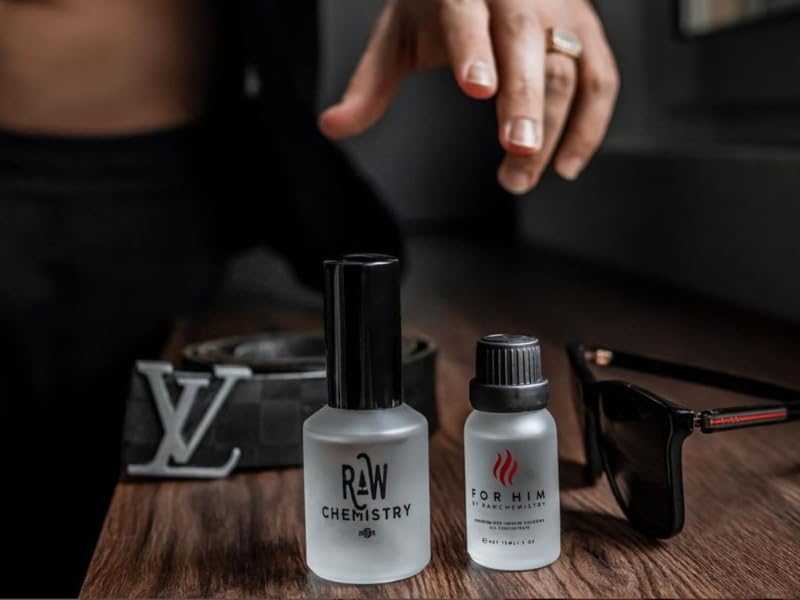 RawChemistry for Him bottle shows bold pheromone-infused scent for confident evenings.