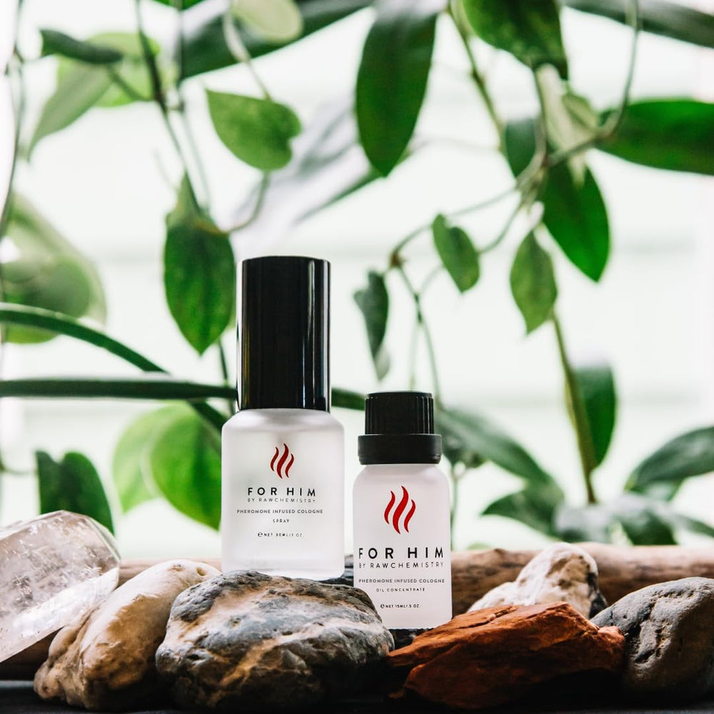 RawChemistry for Him bottle on countertop with soft lighting suggests daily wear.