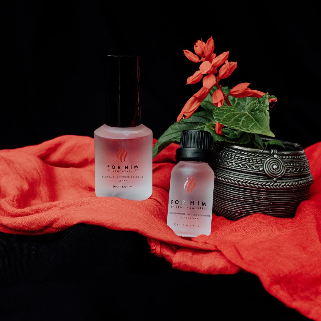 RawChemistry for Him label close-up highlights premium oils and masculine branding.