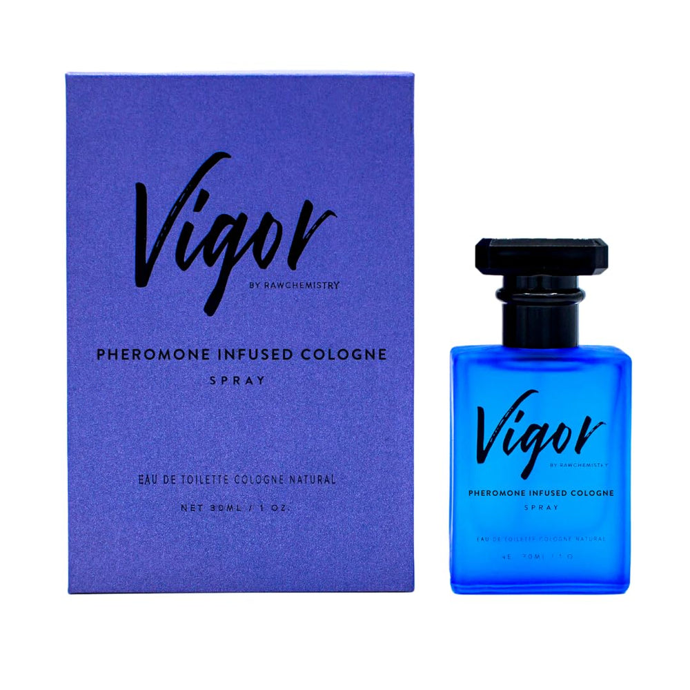 RawChemistry Vigor bottle closeup highlights premium masculine fragrance in a sleek, alcohol-free formula.