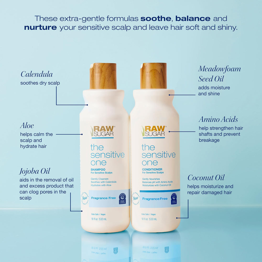 RAW SUGAR calendula aloe ingredients close-up emphasizing soothing moisturizers.