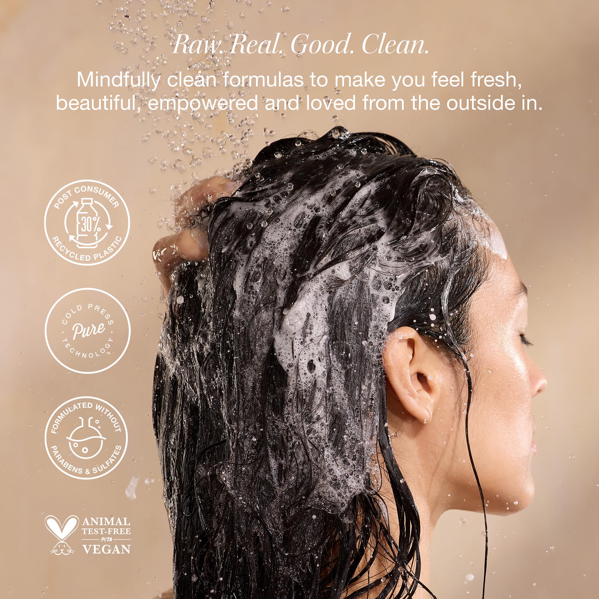RAW SUGAR daily-use haircare scene showing easy rinse and soft shine.