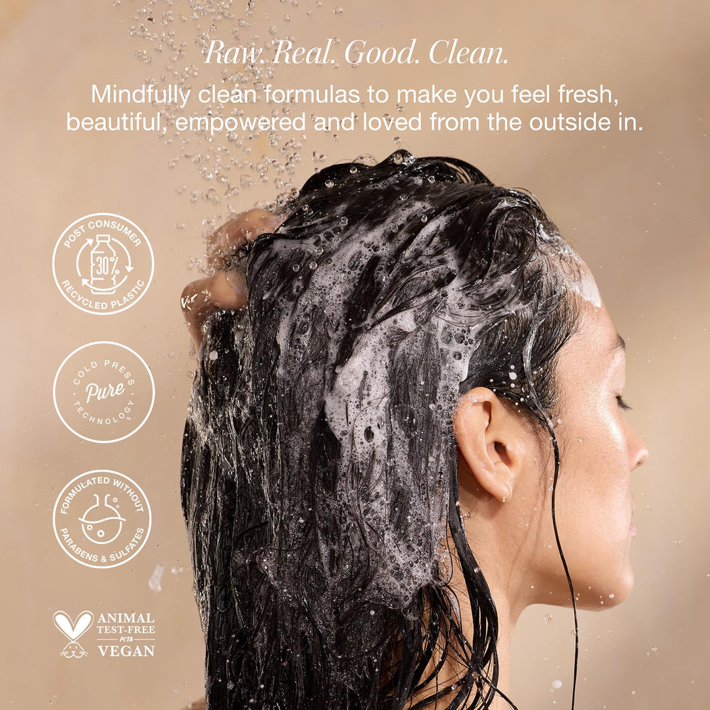 RAW SUGAR daily-use haircare scene showing easy rinse and soft shine.