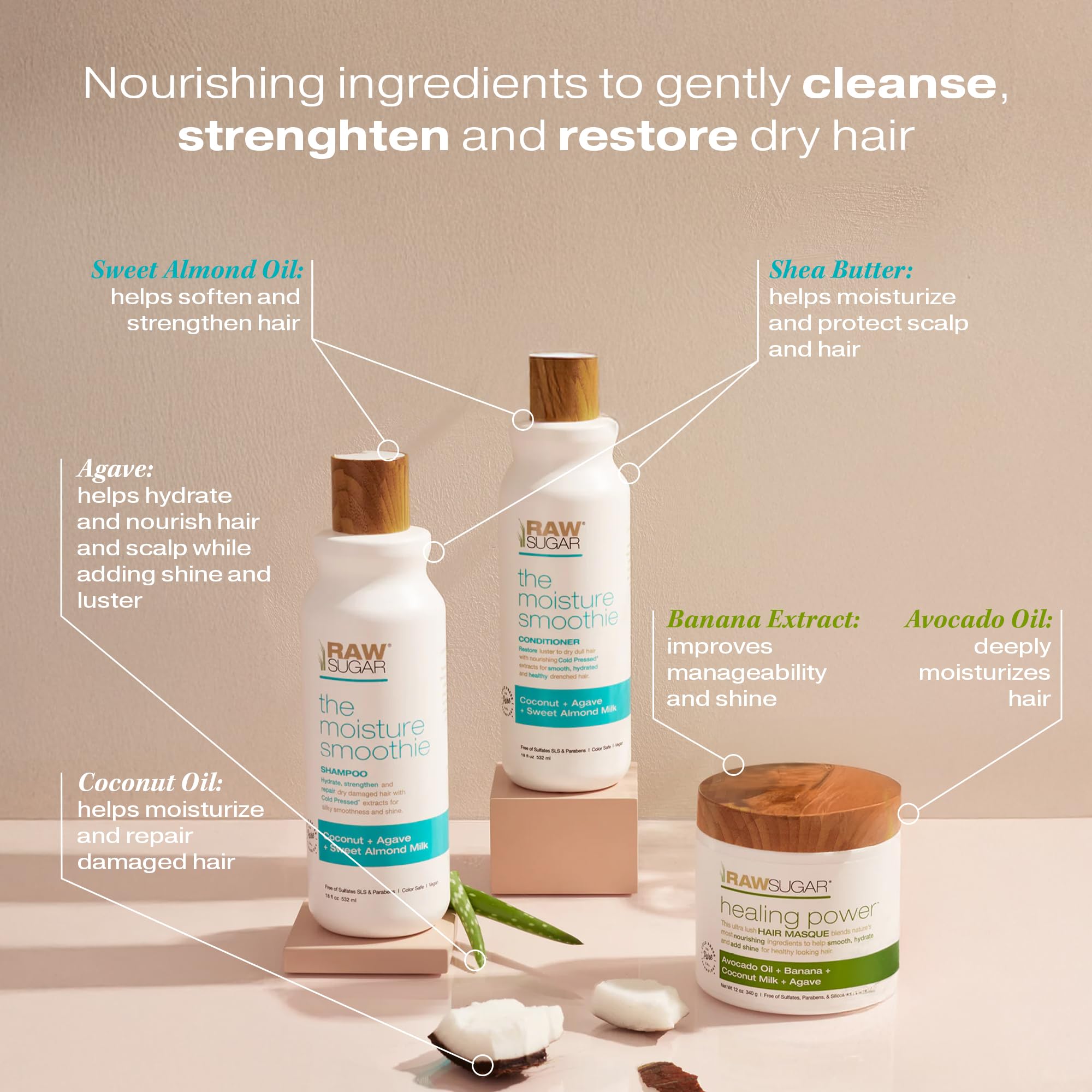 Raw Sugar Healing Power Hair Masque jar applies nourishing repair