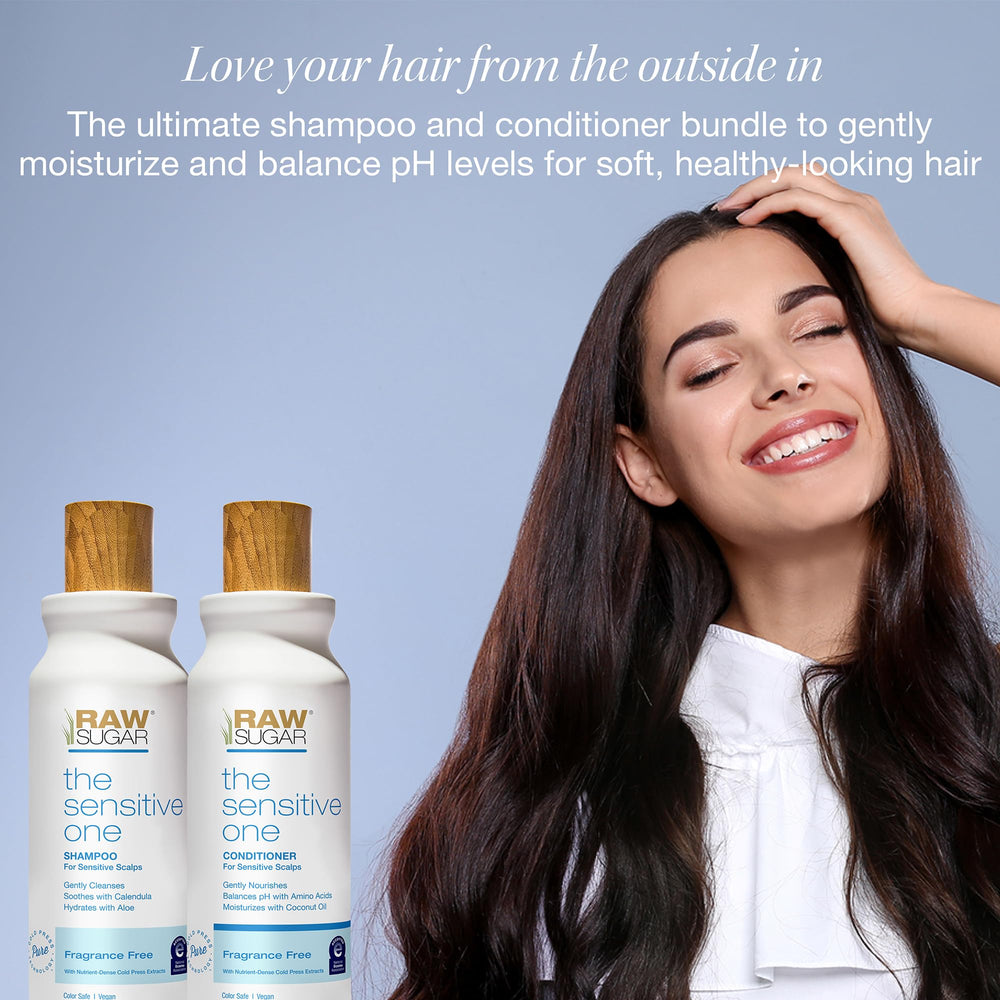 RAW SUGAR The Sensitive One conditioner bottle close-up highlighting silky, hydrated hair.