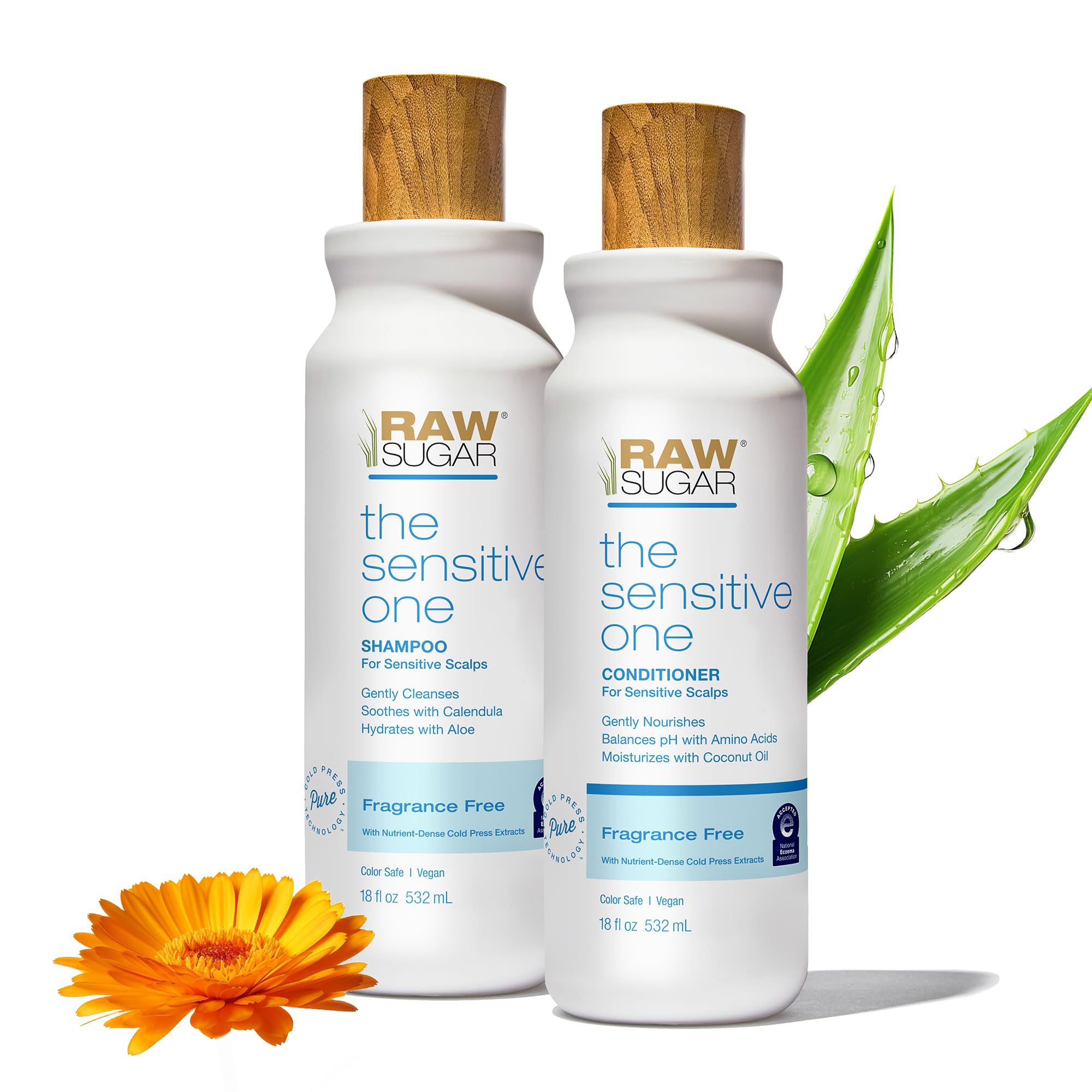 RAW SUGAR The Sensitive One shampoo bottle pouring for gentle cleansing on a sensitive scalp.