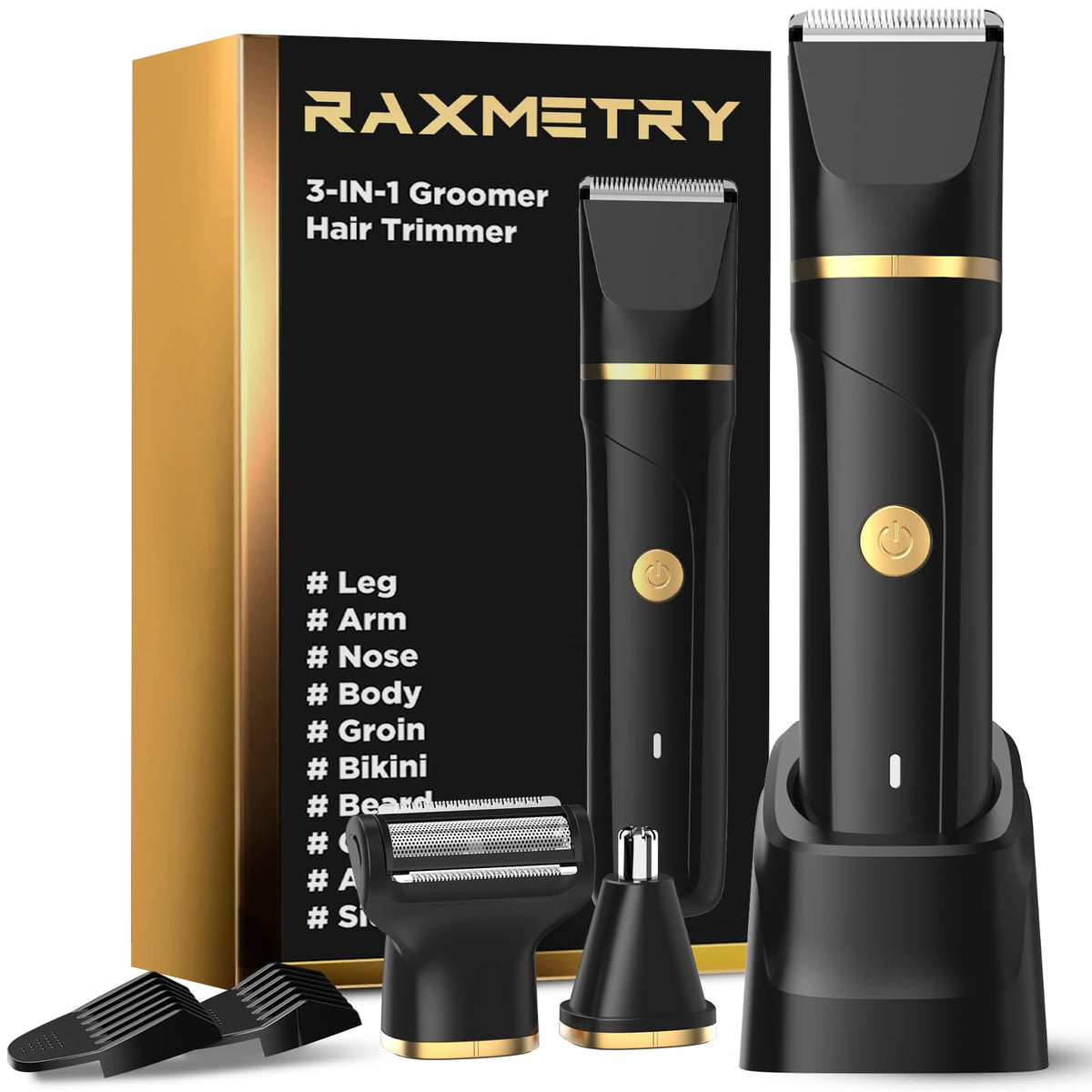 RAXMETRY beard trimmer in hand for precise 3-in-1 grooming.