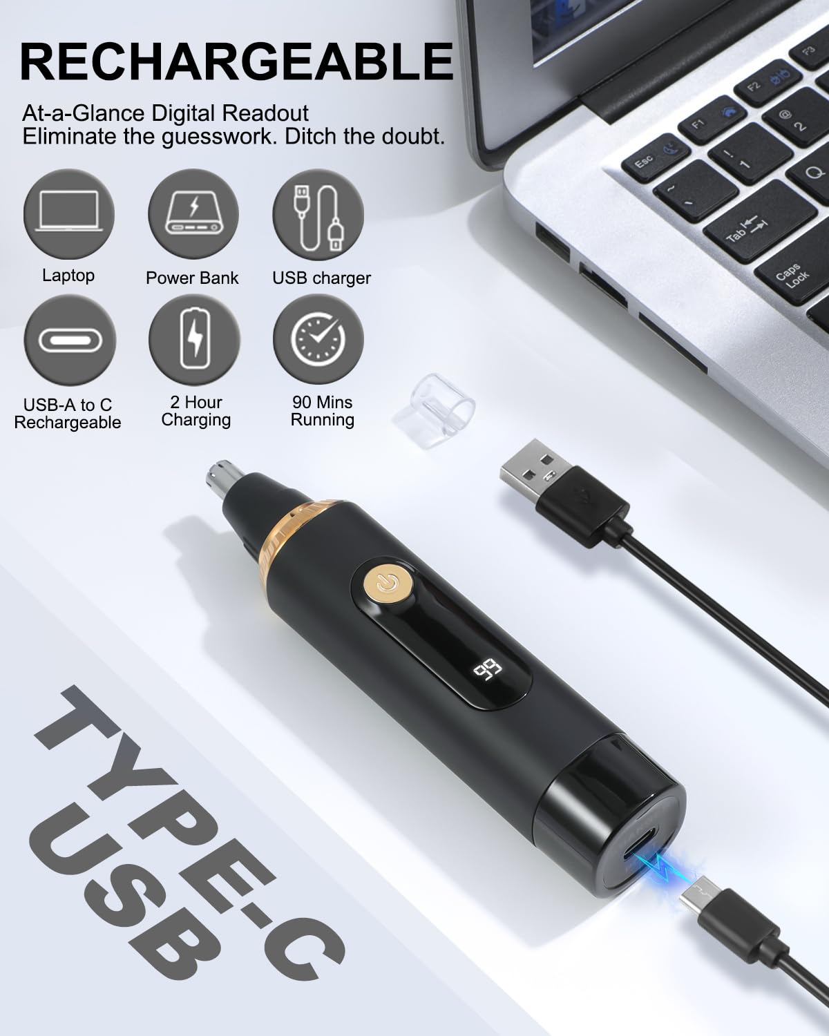 RAXMETRY nose-trimmer LED display clearly indicates battery level for planned use