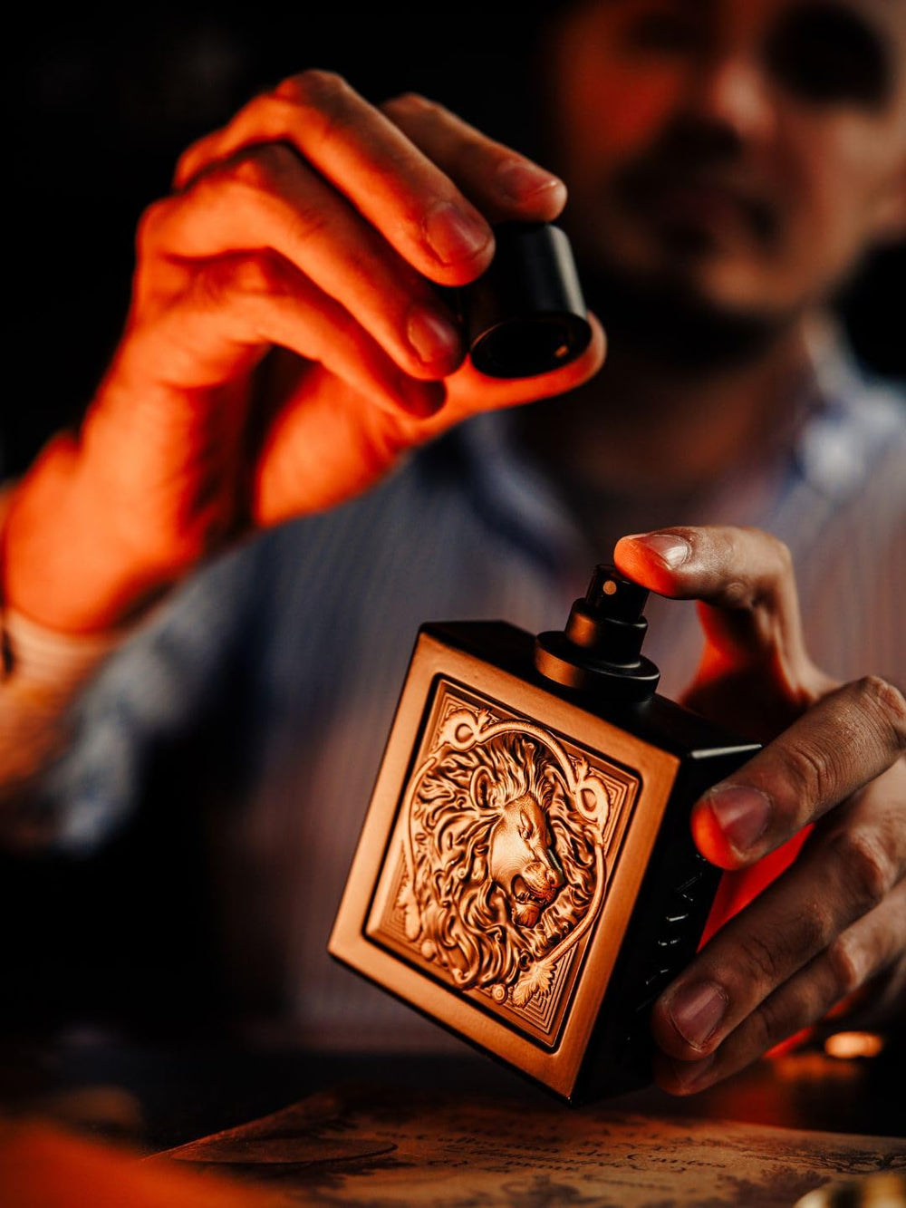 Rayhaan Lion on a dresser scene suggesting confident evening aroma.