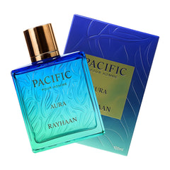 Rayhaan Pacific Aura gift-ready box packaging highlighting premium fragrance presentation.