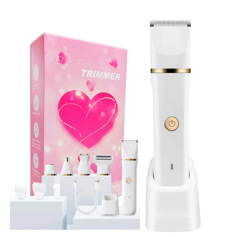 RaysDanc 5-in-1 bikini trimmer with interchangeable heads enables precise grooming across face, body, and bikini.