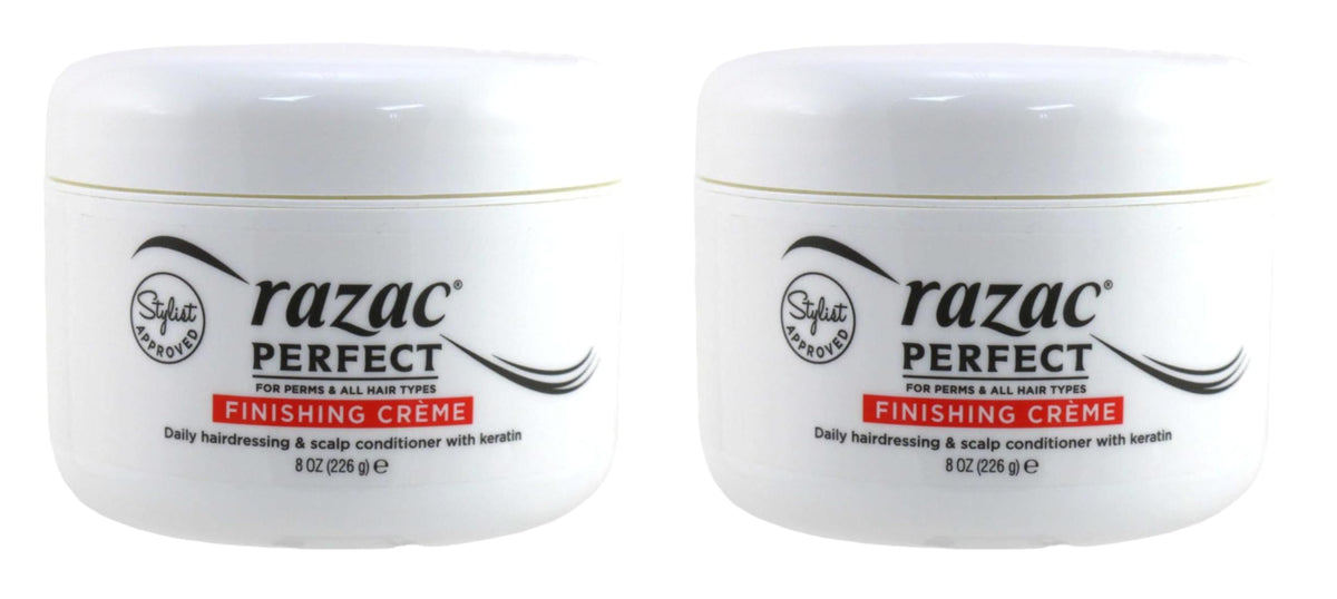 Razac Perfect For Perms Finish Creme bottle close up showing smooth defined permed hair