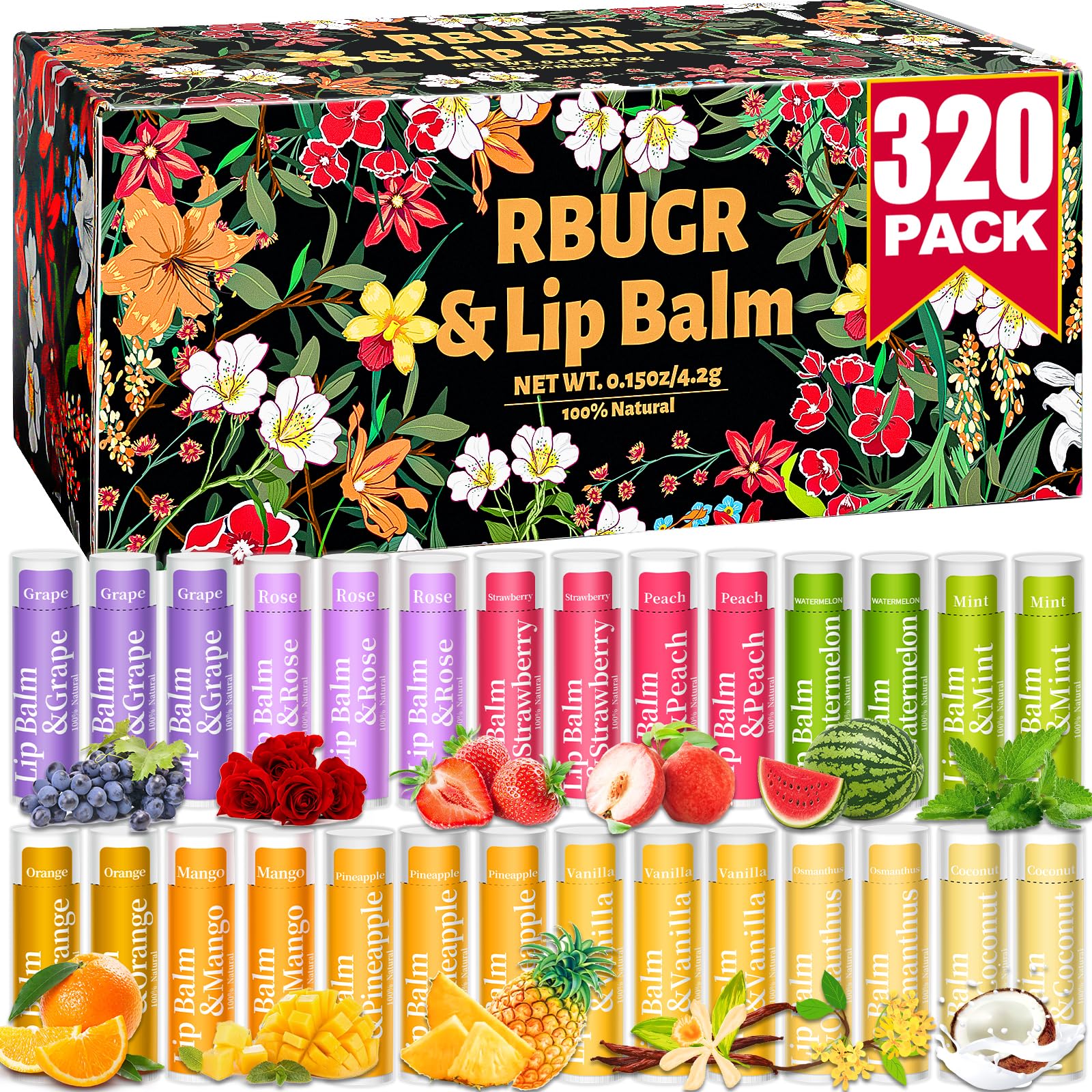 RBUGR lip balm bulk-pack display with 12 flavours for gifts and stocking stuffers.