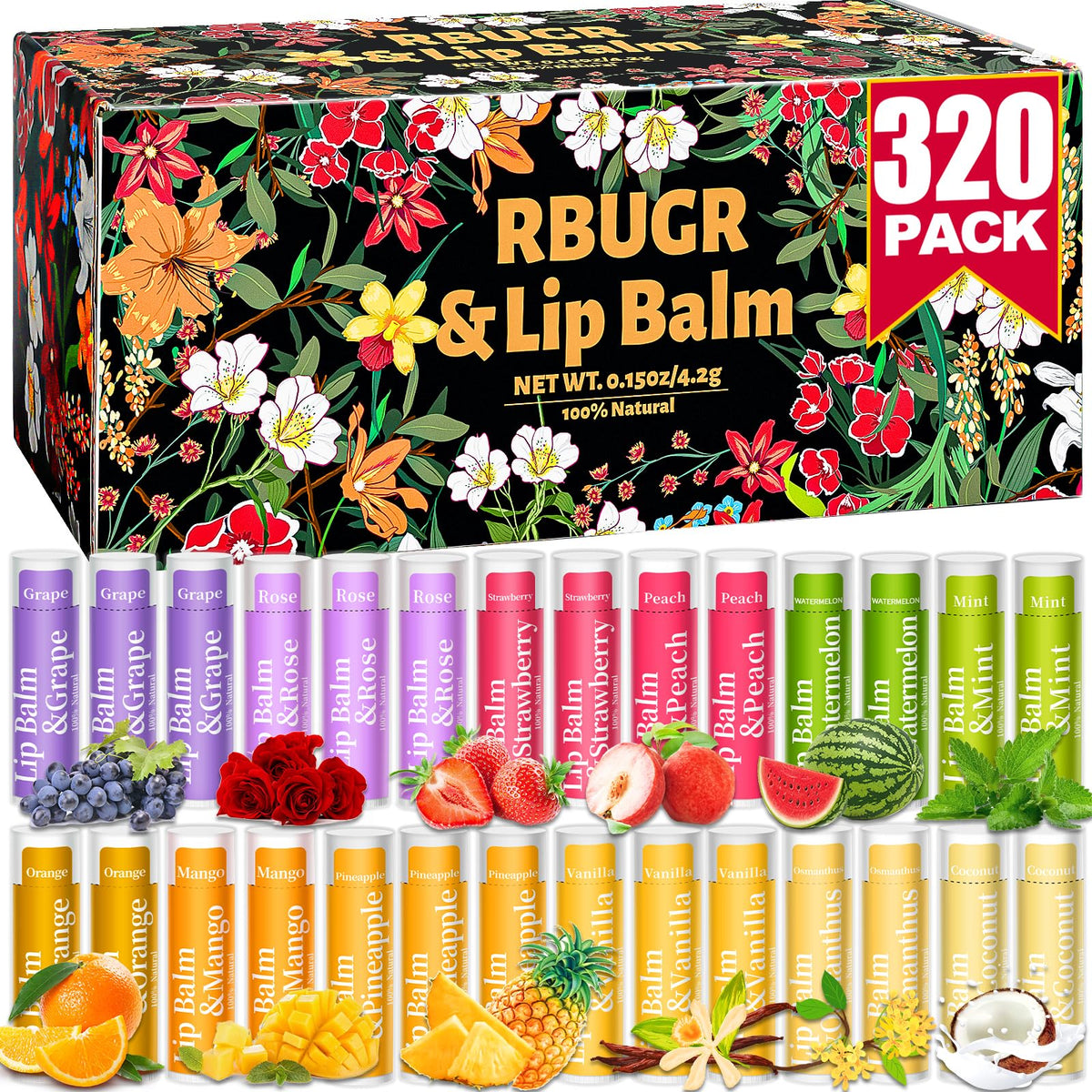 RBUGR lip balm bulk-pack display with 12 flavours for gifts and stocking stuffers.