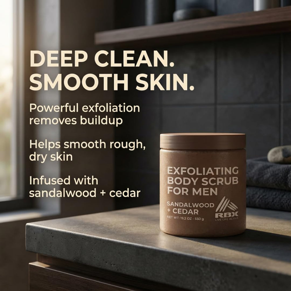 RBX Exfoliating Scrub Bourbon Oak closeup captures bold finish and skin polish.