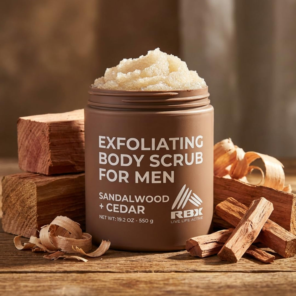 RBX Exfoliating Scrub Gold Amber Sage bottle with premium ingredients for smoother skin.
