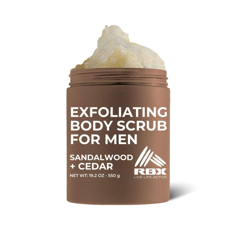 RBX Exfoliating Scrub Sea Salt Cedar bottle delivers refreshed, smoother skin.