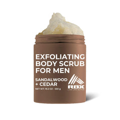 RBX Exfoliating Scrub Sea Salt Cedar bottle delivers refreshed, smoother skin.