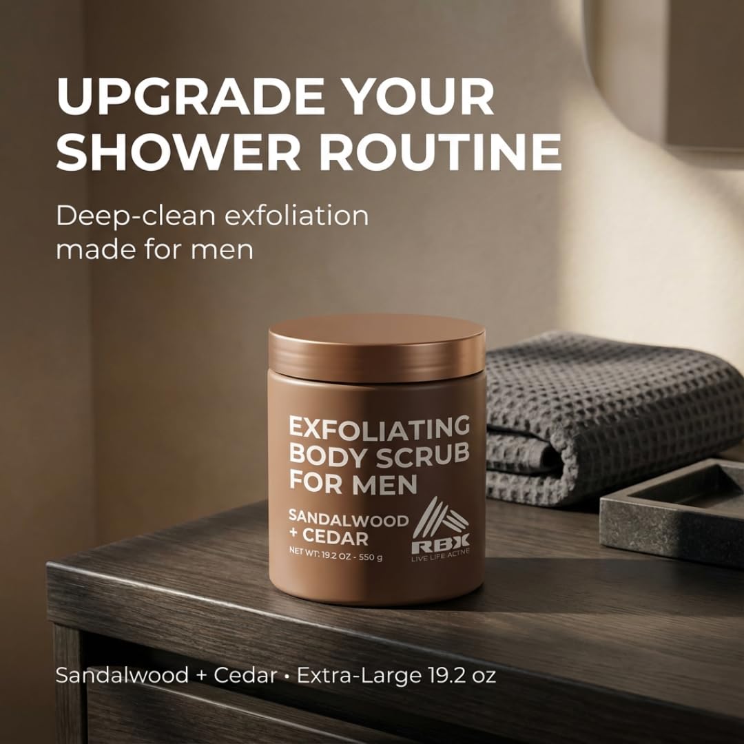 RBX Exfoliating Scrub Sea Salt Cedar closeup highlights texture and mood-boosting scent.