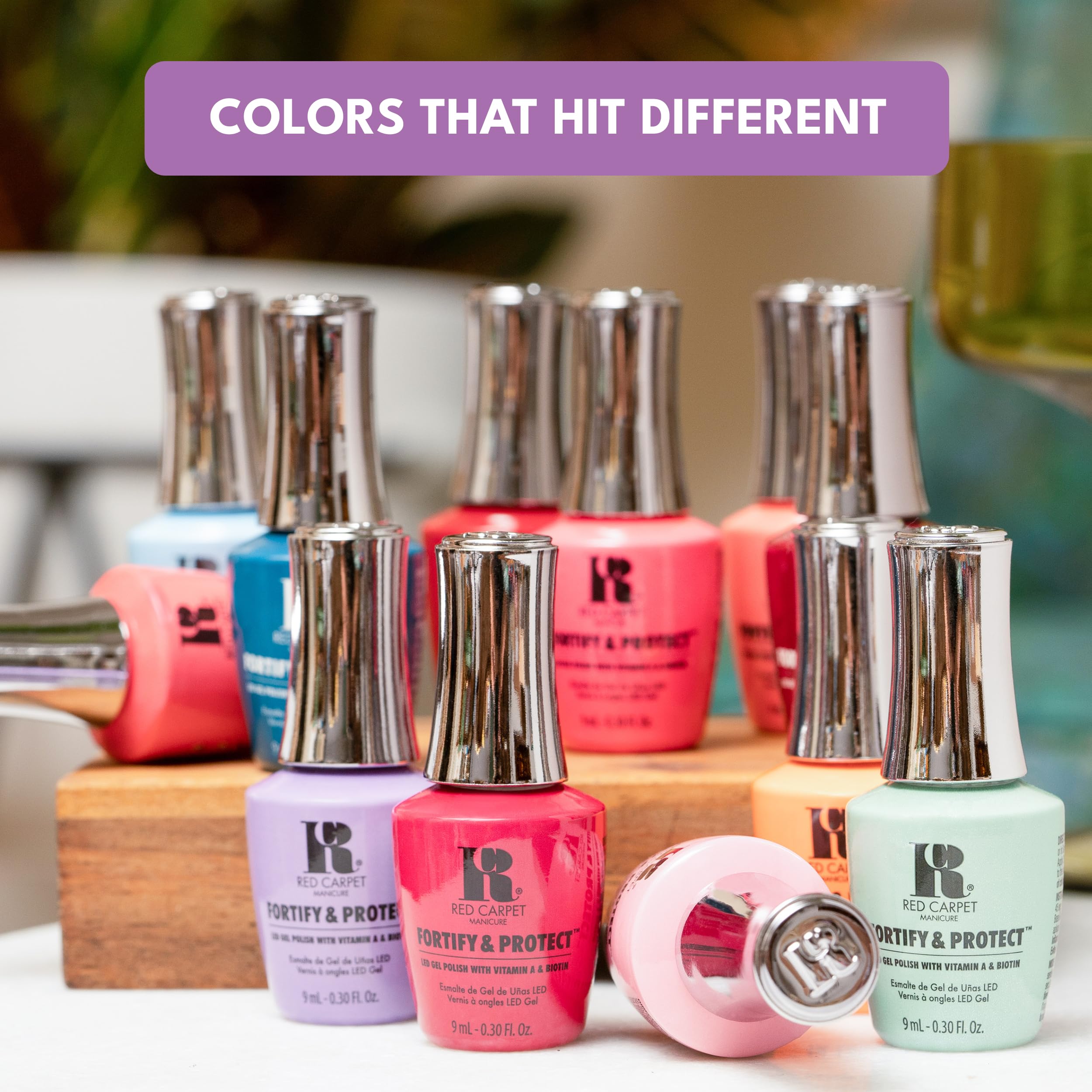 RC Red Carpet Manicure setup with base coat and gel polish for long wear.