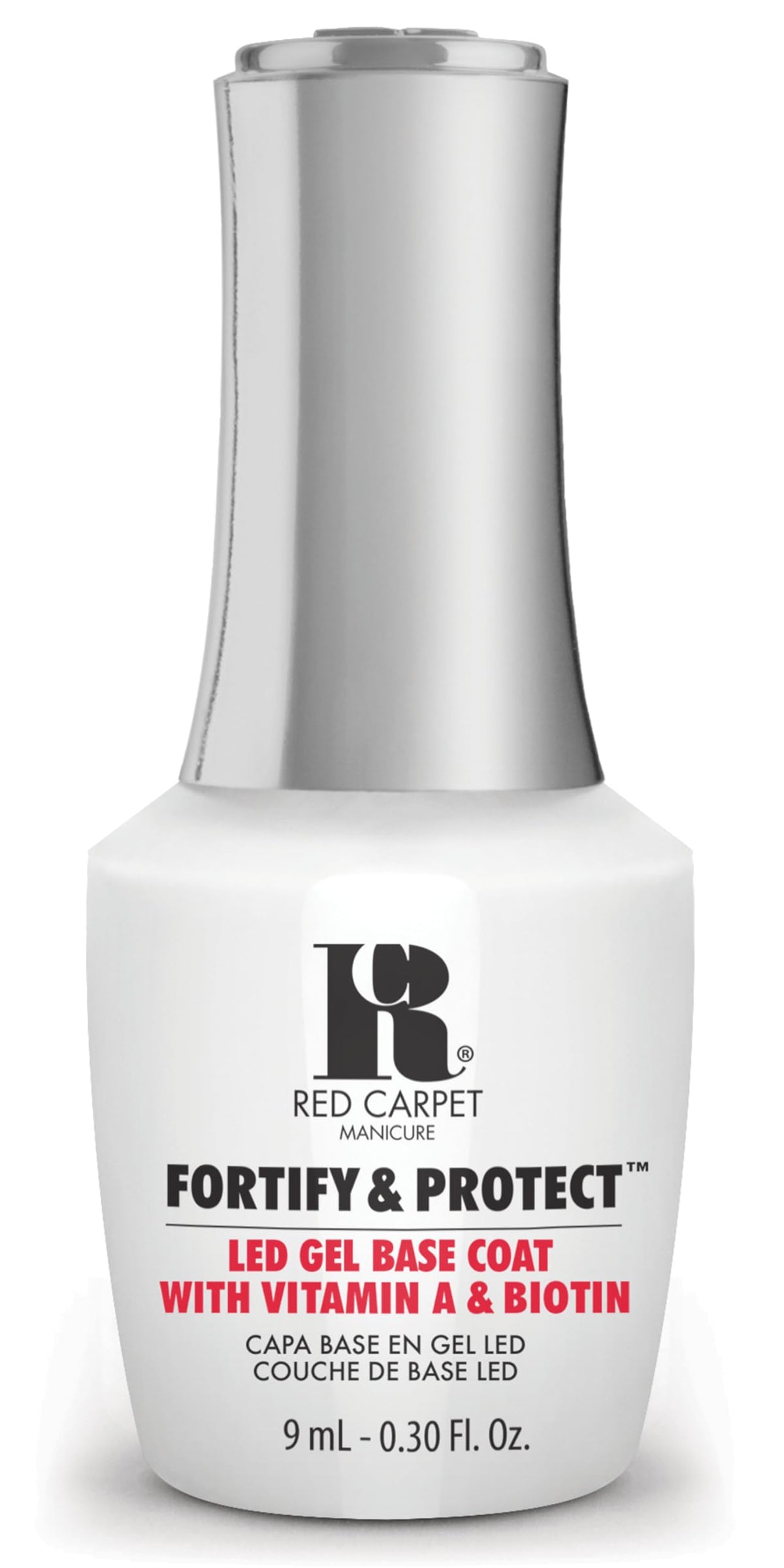 RC Red Carpet Manicure Fortify & Protect base coat bottle showing vitamin A and biotin nourishment
