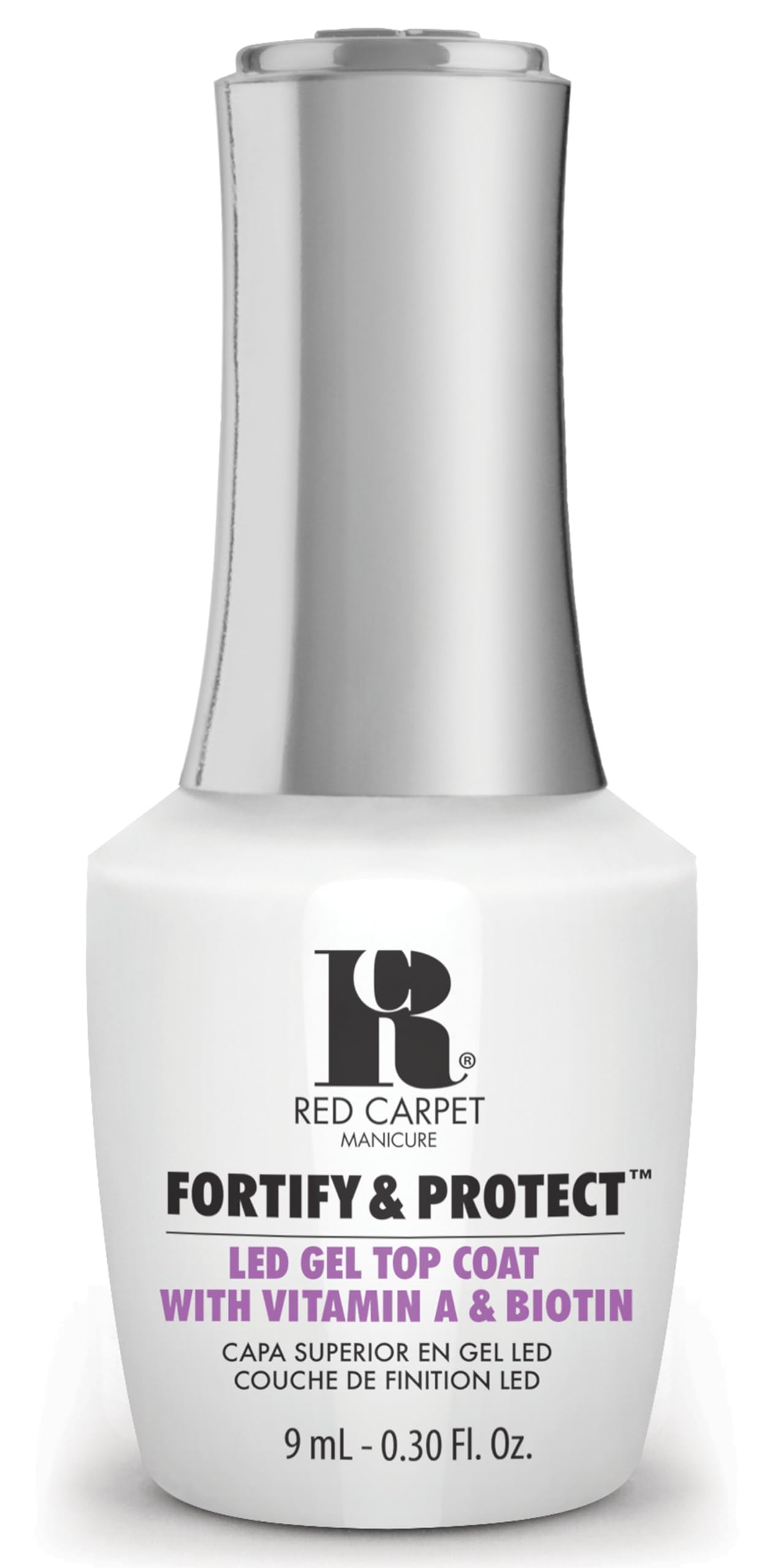 RC Red Carpet Manicure Fortify & Protect top coat bottle close-up shows a glossy finish.