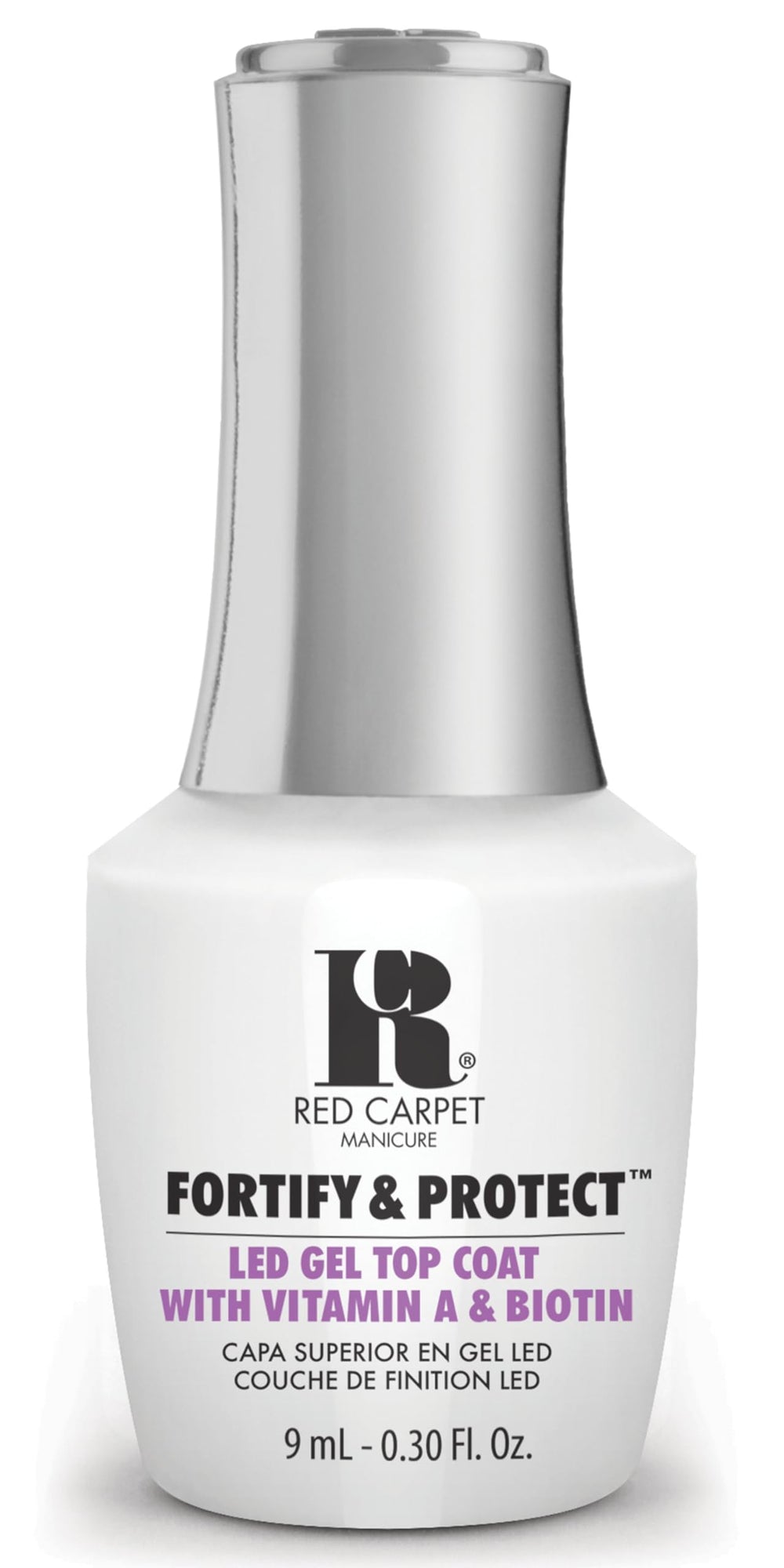 RC Red Carpet Manicure Fortify & Protect top coat bottle close-up shows a glossy finish.