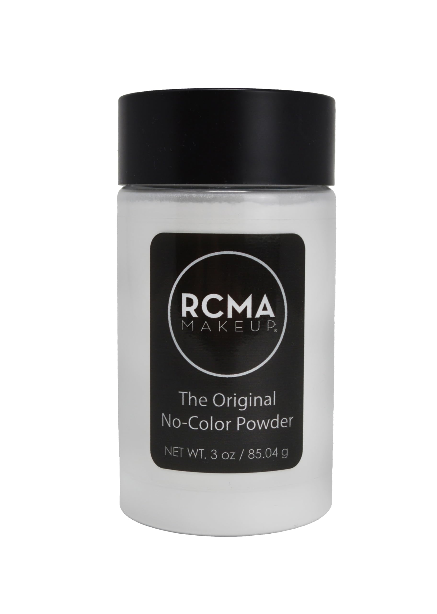 RCMA No Color Powder packaging emphasizing minimalist formula suitable for sensitive skin.
