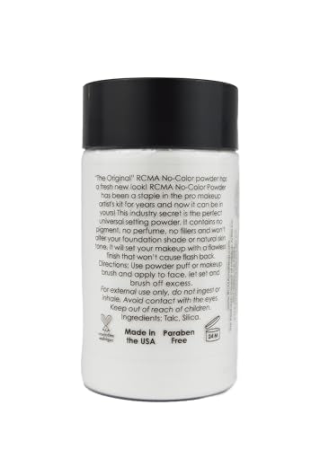 RCMA No Color Powder on vanity illustrating universal shade compatibility and daily routine.