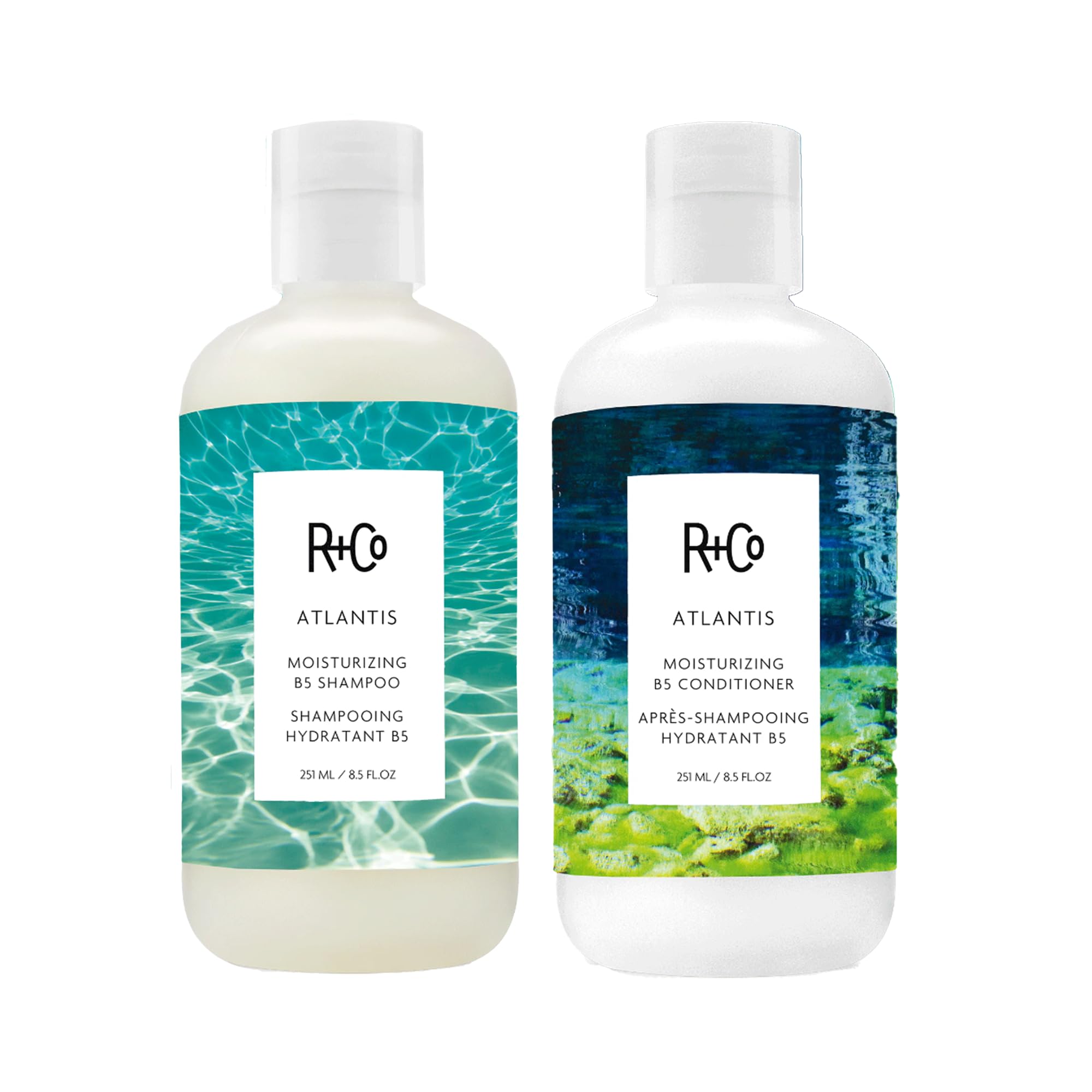 R+Co Atlantis shampoo bottle delivers rich hydration for dry hair.