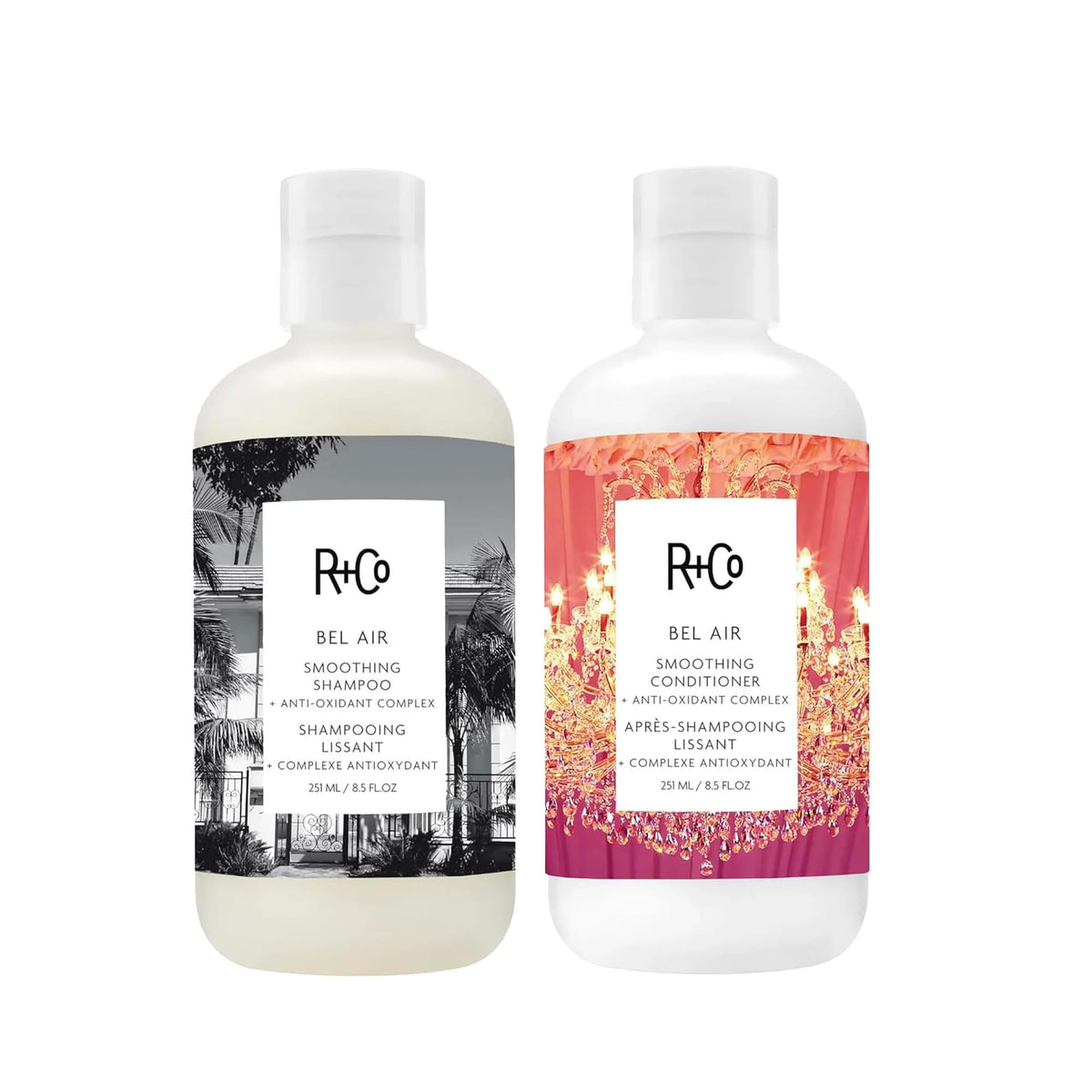R+Co Bel Air smoothing shampoo bottle for frizz control and shine