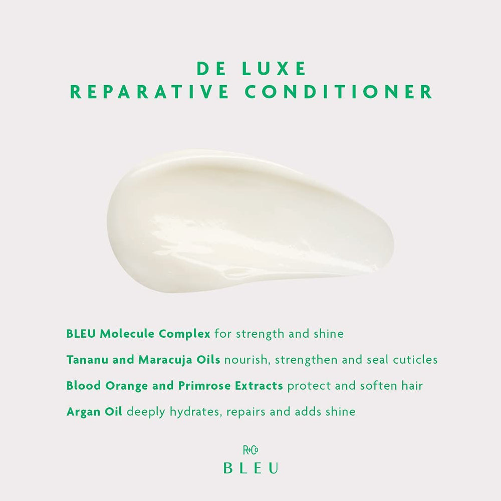 R+Co BLEU De Luxe bottle close-up shows argan oil for hydration.