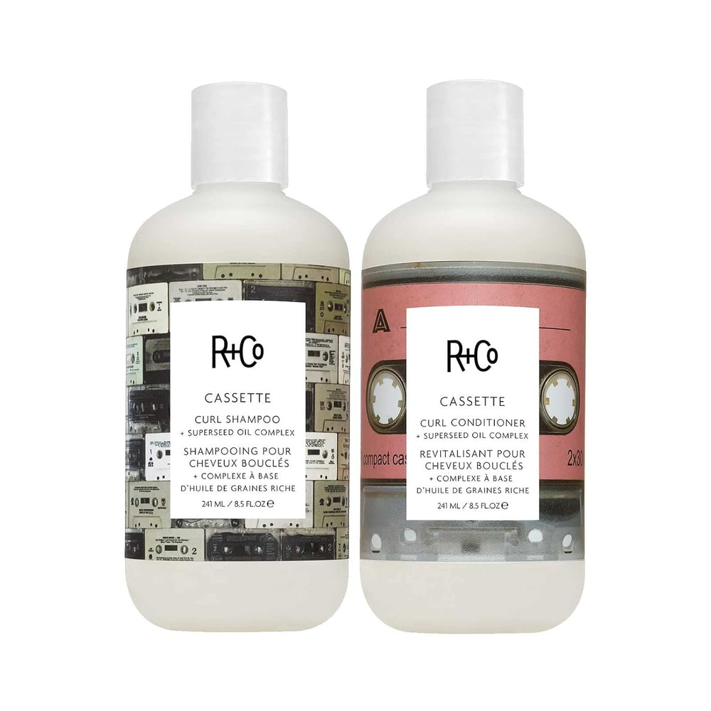 R+Co Cassette Curl Shampoo bottle closeup highlighting hydrating formula for defined curls