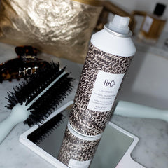 R+Co Chainmail hair shine closeup shows silky, reflective finish.